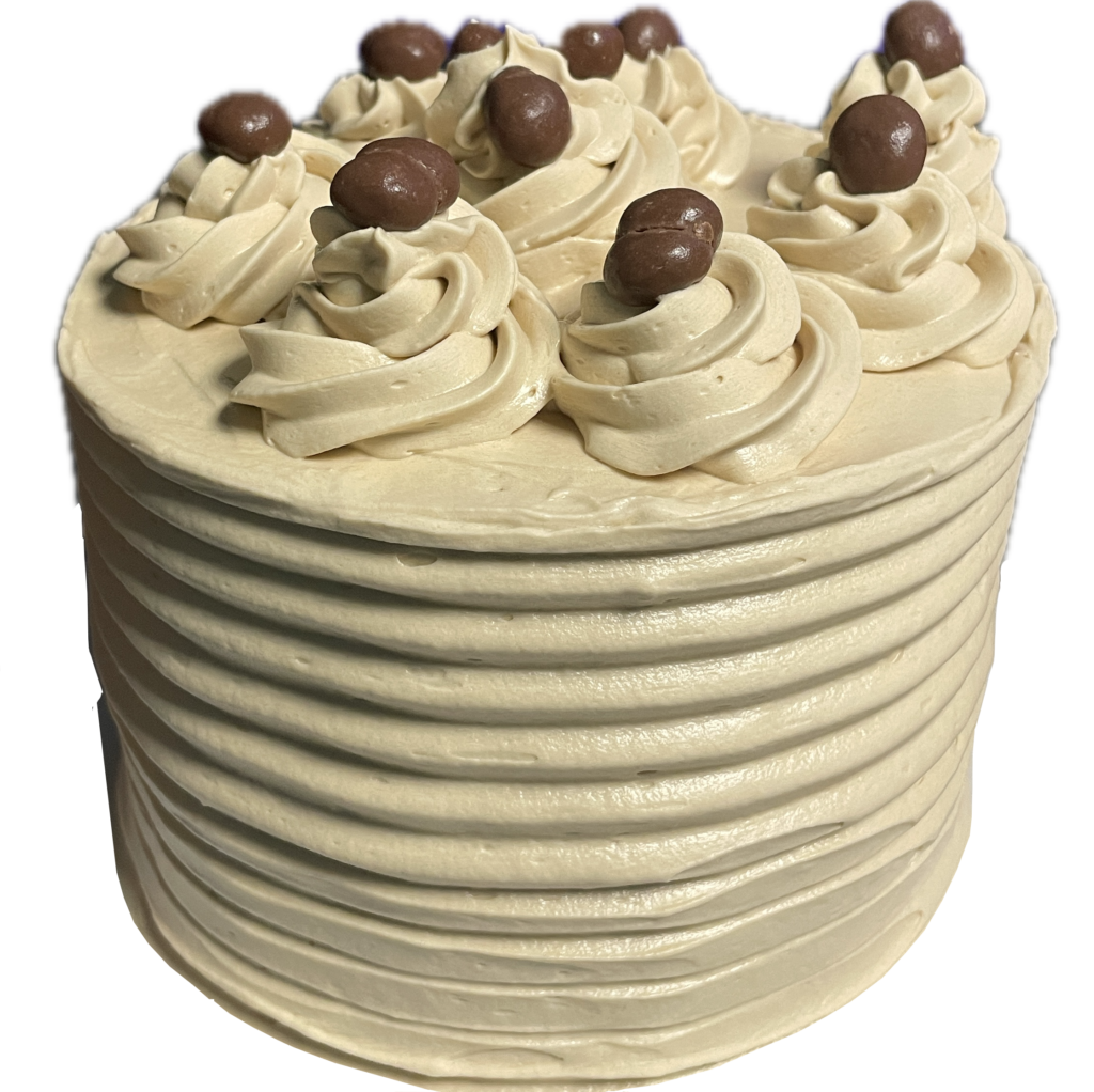 6-inch espresso flavored cake frosted and decorated with espresso buttercream