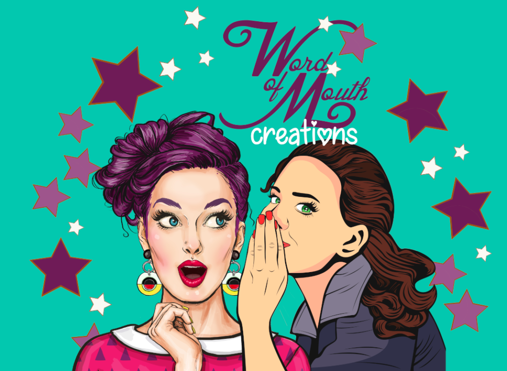 Word of Mouth web banner. Two ladies surrounded by stars. One is whispering and the other looks impressed or surprised.